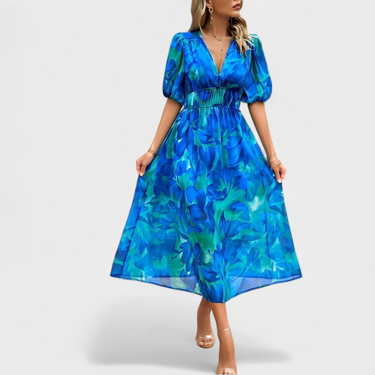 Clara – Elegáns virágmintás midi ruha